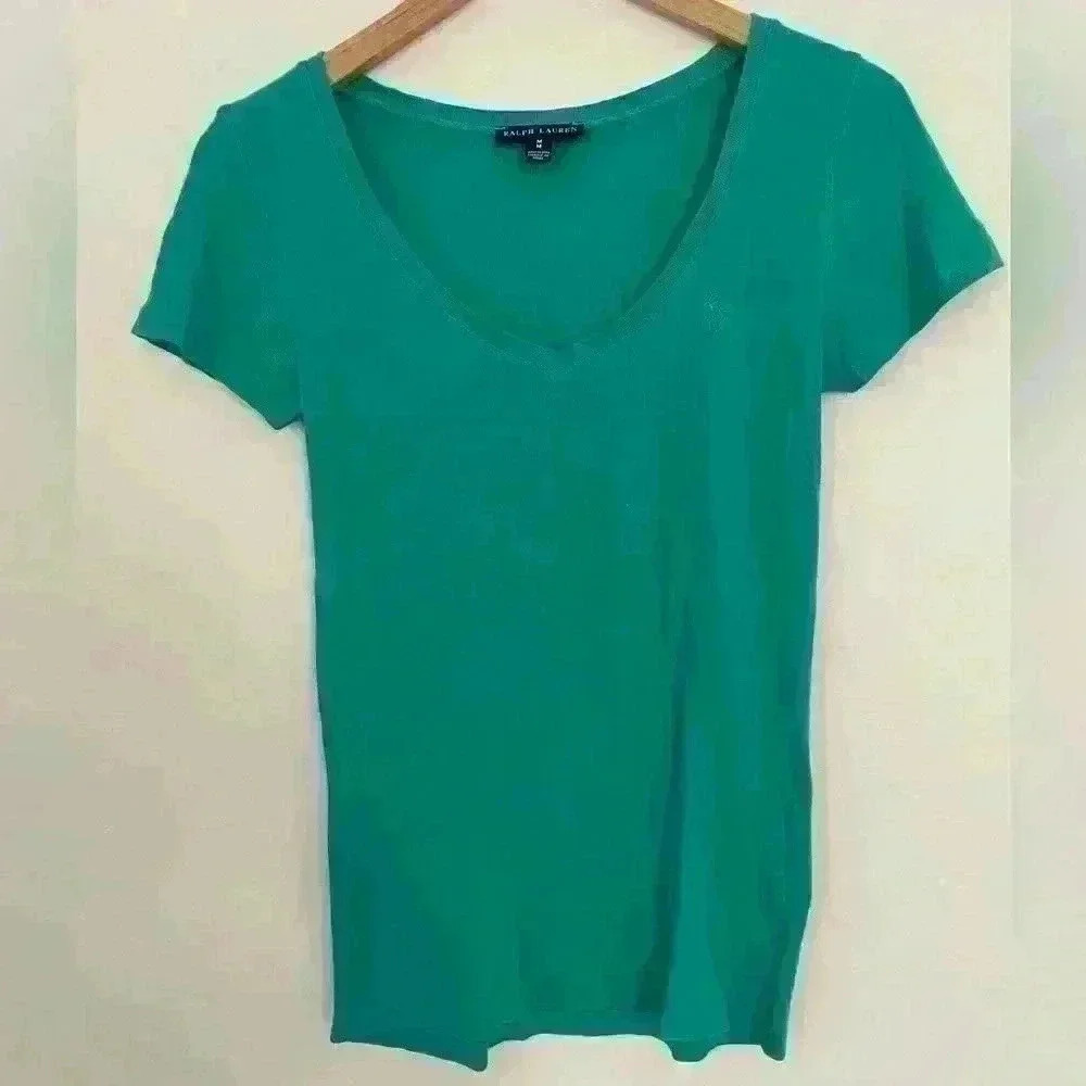 Ralph Lauren Womens Short Sleeve V-Neck TShirt Medium Tee Blue Pony Logo Preppy